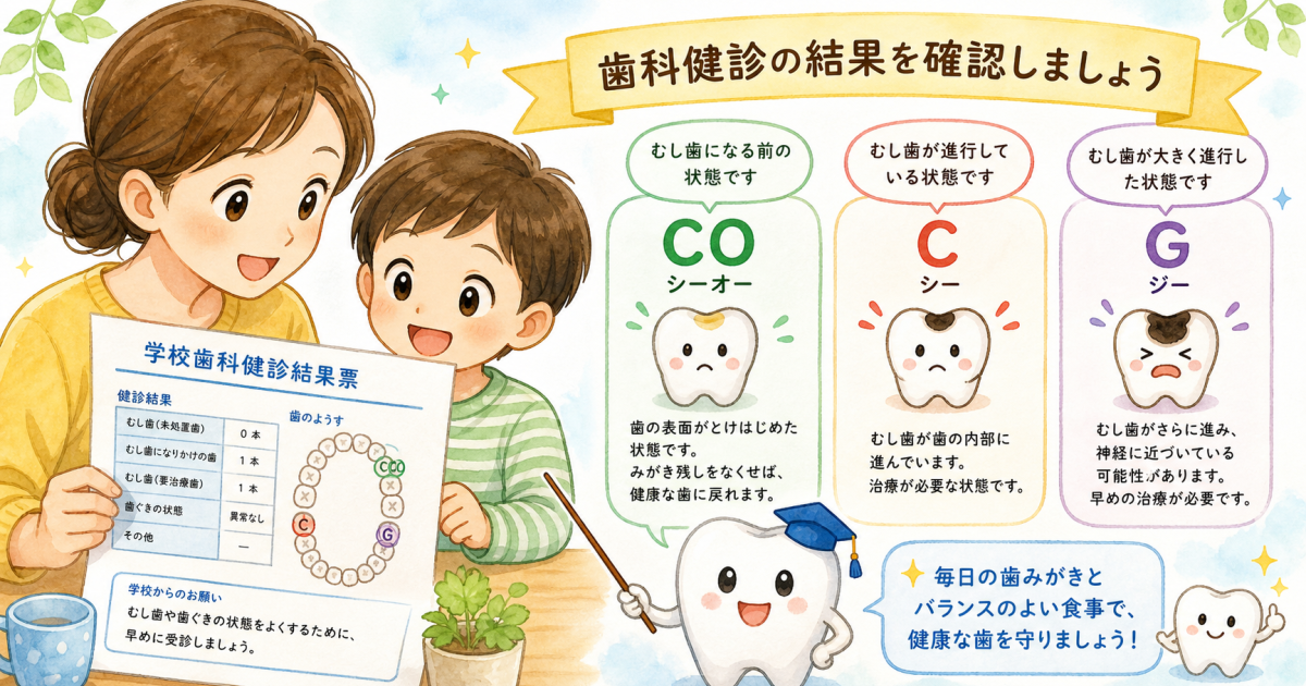 学校の歯科健診の紙にある「CO」「C」などの記号の意味と注意したいポイント